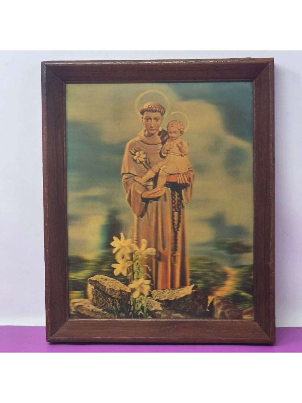 Vintage 3D Lenticular Saint Anthony & Christ Child Framed Religious Picture